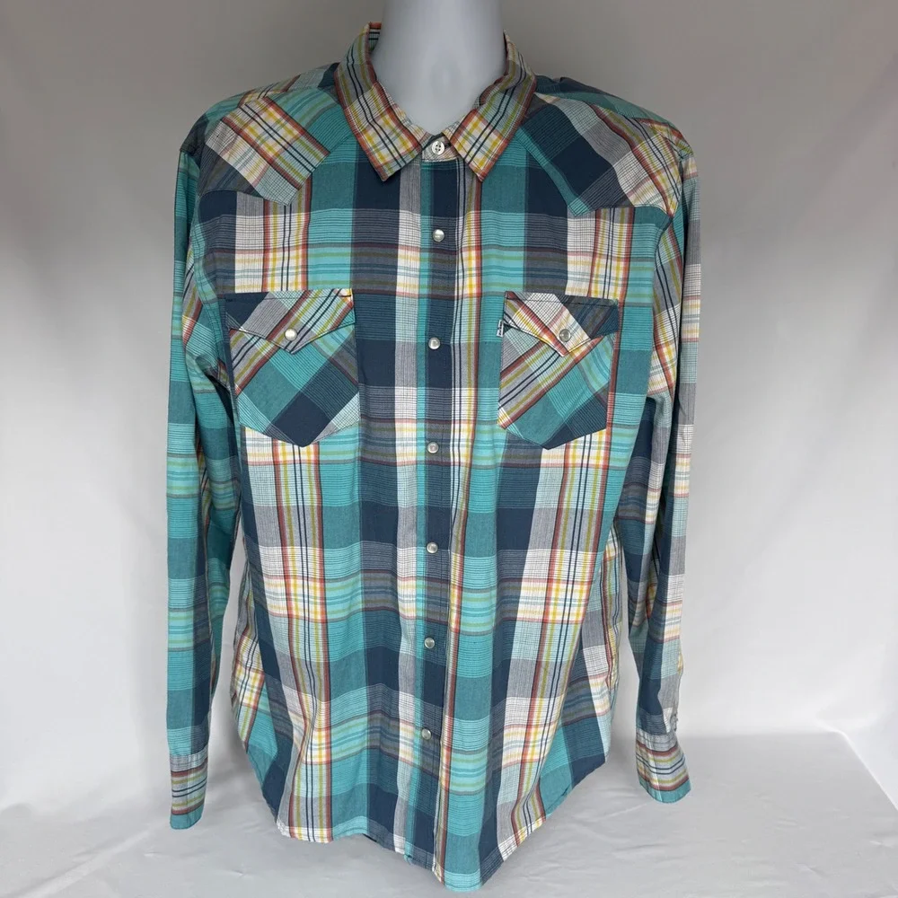 Vintage Levis Mens Western Pearl Snap Shirt Plaid Teal Blue Long Sleeve XXL